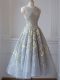 Decent Sleeveless Tulle Tea Length Criss Cross Dama Dress for Quinceanera in Grey with Lace
