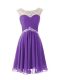 Eggplant Purple Cap Sleeves Beading Knee Length Prom Evening Gown