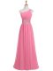 One Shoulder Sleeveless Evening Party Dresses Floor Length Beading and Ruching Rose Pink Chiffon