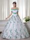 Inexpensive Short Sleeves Floor Length Embroidery Lace Up 15 Quinceanera Dress with White