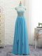 Fashionable Appliques Prom Evening Gown Baby Blue Backless Sleeveless Floor Length