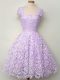 Lavender Lace Up Wedding Party Dress Lace Cap Sleeves Knee Length