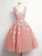 Attractive V-neck Sleeveless Bridesmaid Gown Knee Length Lace Peach Tulle