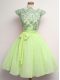 Cap Sleeves Chiffon Knee Length Lace Up Bridesmaid Dresses in Yellow Green with Lace and Belt