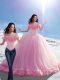 Dramatic Off The Shoulder Sleeveless Ball Gown Prom Dress Brush Train Hand Made Flower Baby Pink Tulle