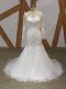White Mermaid Scoop Sleeveless Tulle Brush Train Zipper Lace and Appliques Wedding Dress