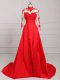 Affordable Lace and Appliques Formal Evening Gowns Red Backless Long Sleeves Brush Train
