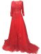 Super Red Bateau Neckline Lace and Appliques and Belt Prom Dress Long Sleeves Zipper