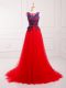 Cute Sleeveless Tulle Brush Train Lace Up Dress for Prom in Red with Lace and Appliques