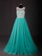 Exquisite Scoop Sleeveless Sweep Train Zipper Prom Party Dress Turquoise Chiffon