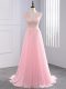 Sleeveless Chiffon Brush Train Side Zipper Evening Dress in Baby Pink with Lace and Appliques