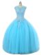High Class Aqua Blue Ball Gown Prom Dress Sweet 16 and Quinceanera with Appliques Scoop Sleeveless Lace Up
