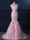 Custom Designed Sleeveless Appliques and Hand Made Flower Lace Up Prom Evening Gown with Baby Pink Brush Train