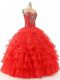 Glittering Red Sleeveless Beading and Ruffled Layers Floor Length Sweet 16 Dress