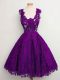 Sleeveless Lace Knee Length Lace Up Bridesmaids Dress in Purple with Lace