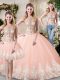 Low Price Floor Length Peach Quince Ball Gowns Tulle Sleeveless Beading and Lace and Appliques