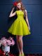 High Class Yellow Green A-line Bateau Sleeveless Tulle Knee Length Lace Up Beading and Lace Bridesmaid Gown