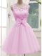 Beauteous Lilac Sleeveless Lace and Bowknot Knee Length Bridesmaid Dresses