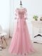 Pink Empire Scoop 3 4 Length Sleeve Tulle Floor Length Lace Up Lace and Appliques and Belt Mother Of The Bride Dress