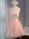 Fine Tulle Scoop Sleeveless Lace Up Appliques and Belt Prom Gown in Pink
