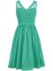 Exceptional V-neck Sleeveless Quinceanera Dama Dress Knee Length Lace and Ruching Green Chiffon
