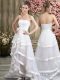Customized White Off The Shoulder Backless Ruffled Layers and Belt Wedding Gowns Sweep Train Sleeveless
