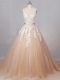 Customized Champagne Tulle Zipper Wedding Gown Sleeveless Brush Train Appliques