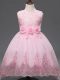 Scoop Sleeveless Pageant Gowns For Girls High Low Lace and Appliques and Bowknot and Hand Made Flower Baby Pink Tulle