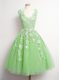 Knee Length Lace Up Bridesmaid Dress Yellow Green for Prom and Party and Wedding Party with Appliques
