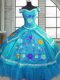 Teal Taffeta Lace Up Ball Gown Prom Dress Short Sleeves Floor Length Beading and Embroidery