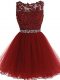 Burgundy Tulle Zipper Military Ball Gowns Sleeveless Mini Length Beading and Lace and Appliques