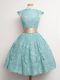 Pretty Aqua Blue Dama Dress Prom and Party and Wedding Party with Belt High-neck Cap Sleeves Lace Up