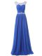 Stylish Chiffon Scoop Sleeveless Sweep Train Side Zipper Beading Party Dress for Girls in Blue