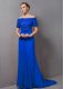 Blue Off The Shoulder Zipper Lace Mother Of The Bride Dress Sweep Train Short Sleeves