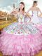 Sweetheart Sleeveless Quinceanera Gown Floor Length Embroidery and Ruffled Layers Rose Pink Organza and Taffeta