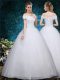 Cap Sleeves Organza Floor Length Lace Up Wedding Gowns in White with Beading and Appliques