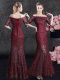 Mermaid Wine Red Off The Shoulder Lace Up Lace Mother Dresses Half Sleeves