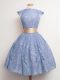 Sumptuous Cap Sleeves Knee Length Belt Lace Up Wedding Guest Dresses with Blue