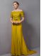 Yellow Empire Off The Shoulder Short Sleeves Chiffon Sweep Train Zipper Lace Mother of Bride Dresses