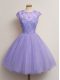 Modest Lavender Cap Sleeves Tulle Lace Up Bridesmaid Gown for Prom and Party and Wedding Party