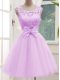 Unique Tulle Scoop Sleeveless Lace Up Lace and Bowknot Wedding Guest Dresses in Lilac