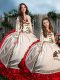 Sweetheart Long Sleeves Brush Train Lace Up Quince Ball Gowns White And Red Organza and Taffeta