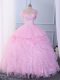 Beading and Ruffles Quinceanera Dresses Pink Lace Up Sleeveless Floor Length