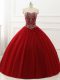 Sleeveless Tulle Floor Length Lace Up 15th Birthday Dress in Wine Red with Beading