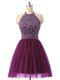 Halter Top Sleeveless Dress for Prom Mini Length Beading and Sequins Dark Purple Tulle