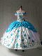 Fashion Floor Length Blue And White Quinceanera Gown Off The Shoulder Cap Sleeves Lace Up