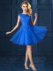 Glorious Blue Cap Sleeves Lace and Belt Knee Length Quinceanera Dama Dress
