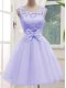 Inexpensive Lavender Tulle Lace Up Scoop Sleeveless Knee Length Bridesmaids Dress Lace and Bowknot