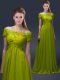 Short Sleeves Floor Length Appliques Lace Up Mother of Groom Dress with Olive Green