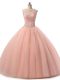High Quality Peach Tulle Lace Up Scoop Sleeveless Floor Length Sweet 16 Quinceanera Dress Beading and Lace